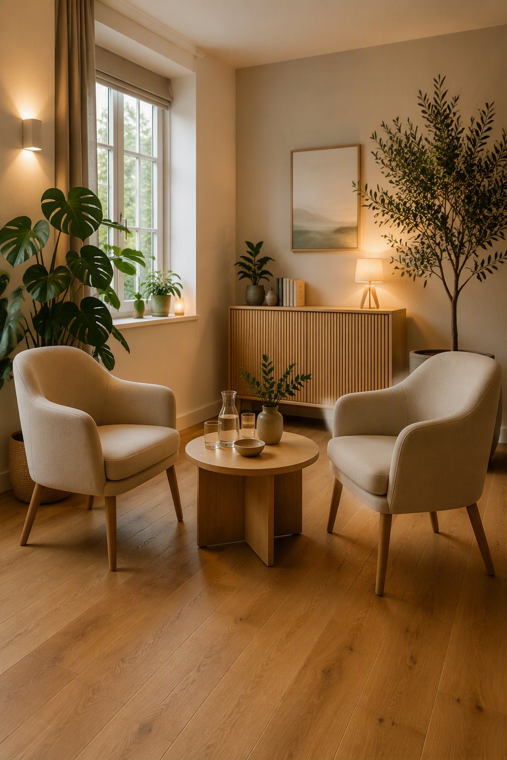 De mediationruimte: twee stoelen tegenover elkaar aan een lage tafel